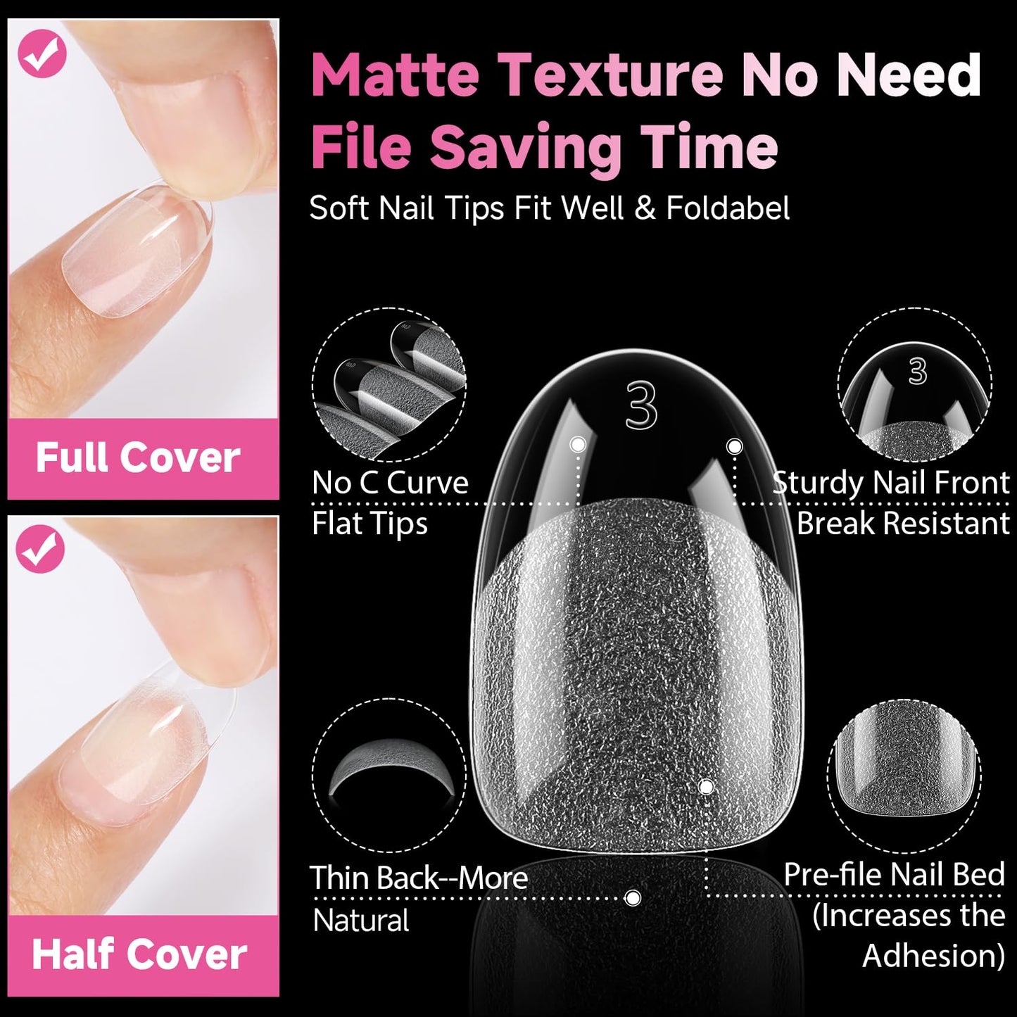 UNA GELLA Short Oval Round Nail Tips, Soft Gel Pre-shaped Half Matte Short Oval Gel Nail Tips Full Cover Acrylic Press on Fake Nails for Nail Extension Art DIY Nail Salon 216Pcs 12 Sizes