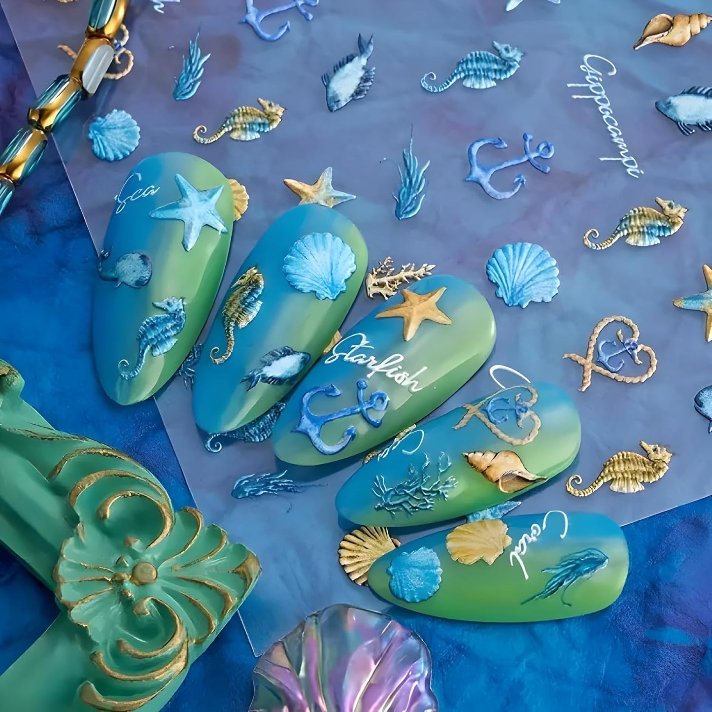 Summer Nail Art Stickers Decals 5D Embossed Self Adhesive Blue Seashell Starfish Nail Stickers Ocean Nail Decals for Nail Art Marine Life Nail Design Decoration Accessories for Women 2 Sheets