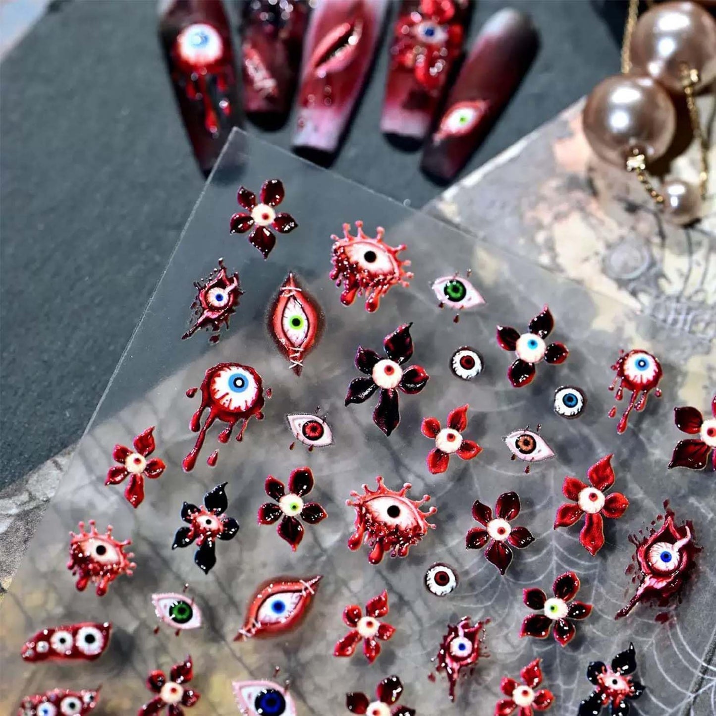 Halloween Nail Sticker 5D Embossed Self-Adhesive Nail Art Stickers Horror Nail Art Decals with Eye Flower Design Nail Decals Supplies for Women Girls Manicure Accessories Decoration