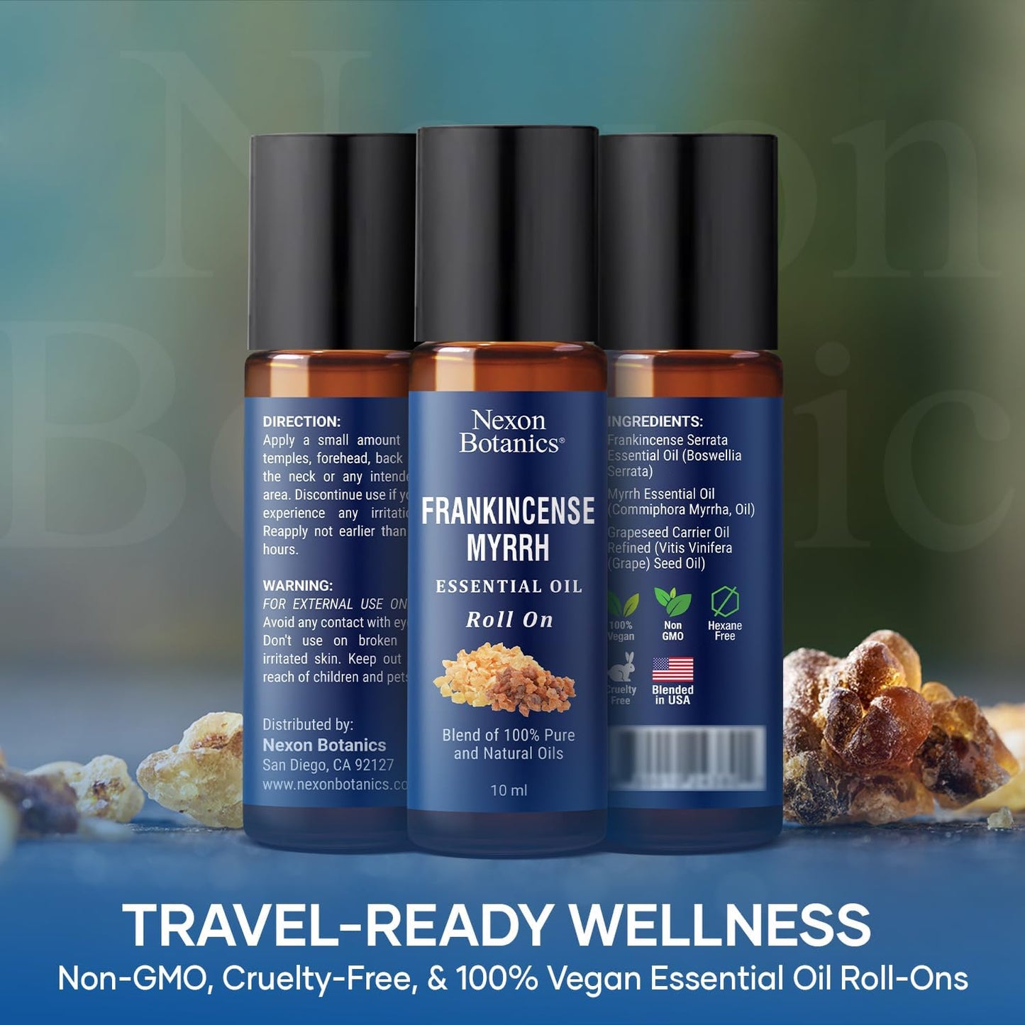 Frankincense & Myrrh Essential Oil Roll-On 10ml - 100% Pure, Natural Oil for Aromatherapy & Skin Care - Nexon Botanics