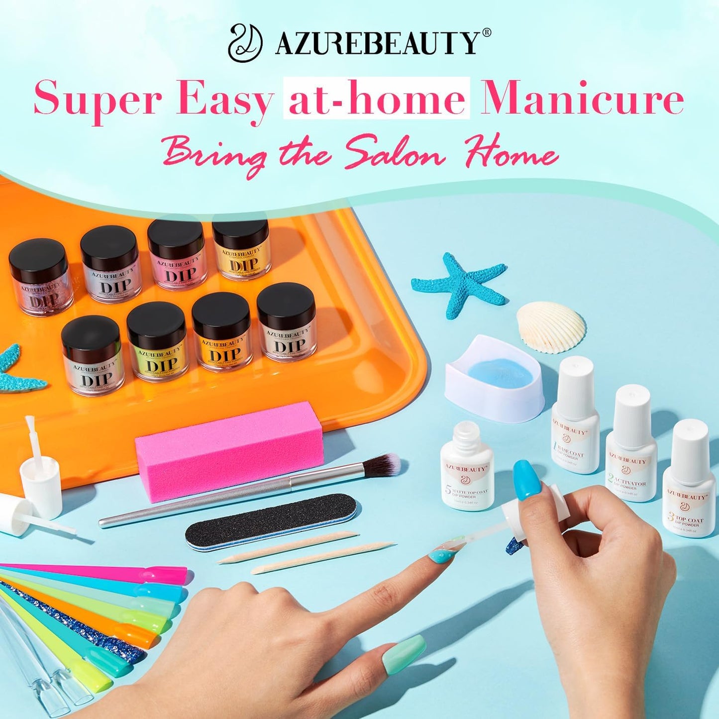 AZUREBEAUTY Dip Nails Powder Starter Kit, Summer Bright Pink Green Series Friendly Acrylic Dip Powder for French Nail Art Manicure,Gift for Women,Air-dry No Nail Lamp Needed