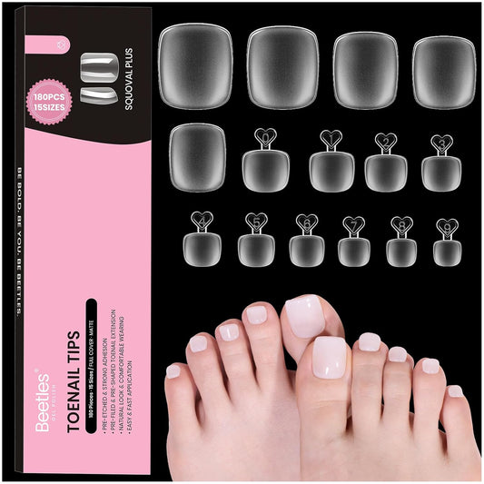Beetles Toe Nail Tips Square for Big Toes - 15 Sizes 180 Pcs Long Wider Full Cover Toenail Tips Fake Acrylic Pre-etched Double Matte Nail Extensions, Press on Toe Nails for Wide Nail Beds