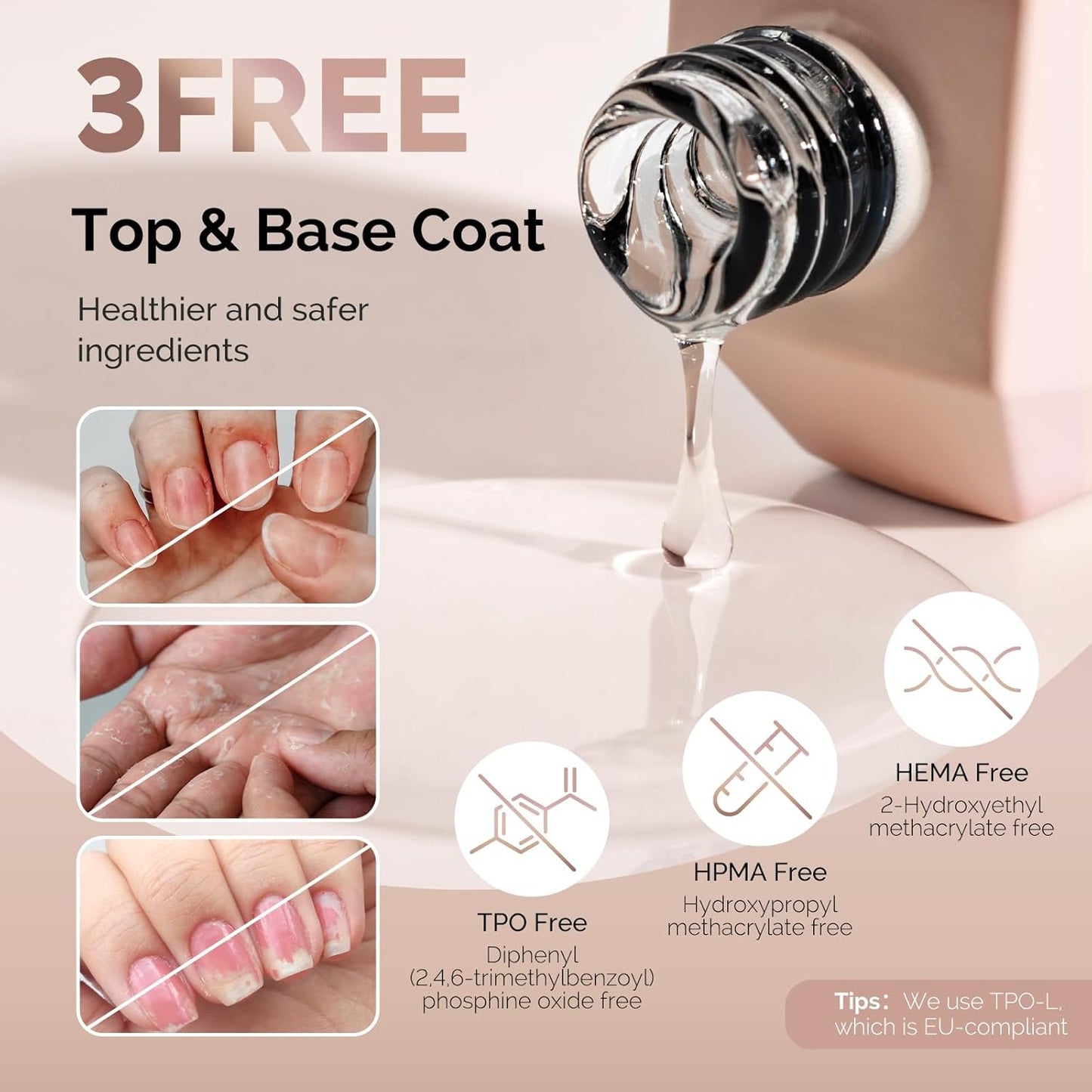 MelodySusie 2PCS Hema Free Gel Top Coat and Base Coat Set,Hema Free,Hpma Free,Tpo Free,No Wipe,Soak off UV LED Drying,Long Lasting Gloss Shiny 15ML
