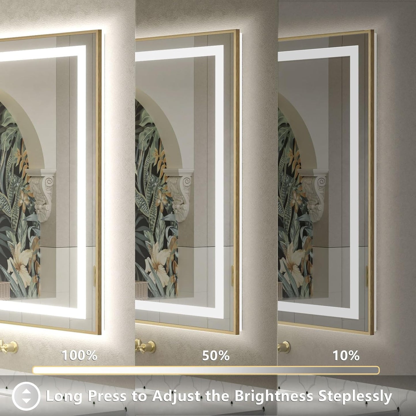 OKPAL 60x36 LED Bathroom Mirror Gold Metal Framed Front Light & Backlit, Lighted Vanity Mirror, Anti-Fog, Dimmable, 3 Colors, Shatterproof, ETL Listed, Horizontal/Vertical