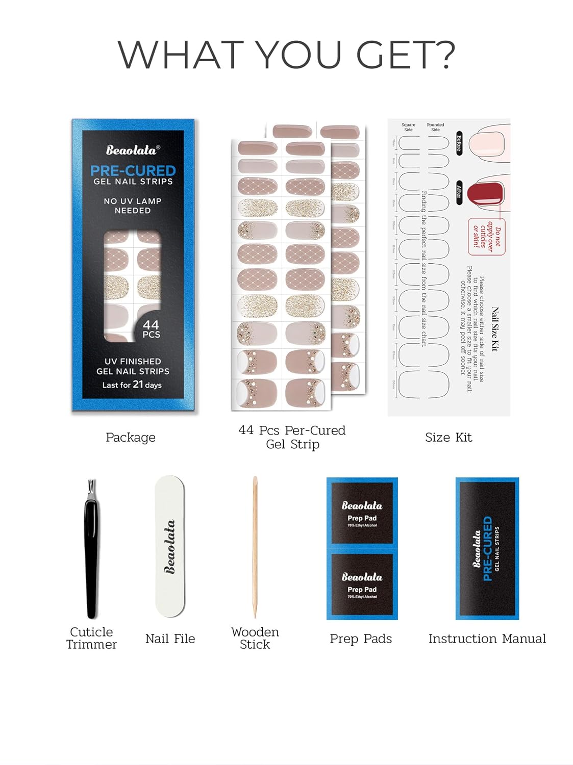 Pre Cured Gel Nail Strips - 44PCS Salon Quality Gel Nail Stickers - Long Lasting Polish Wraps for Women no UV Light Needed Easy Apply& Remove (Beige Nude）