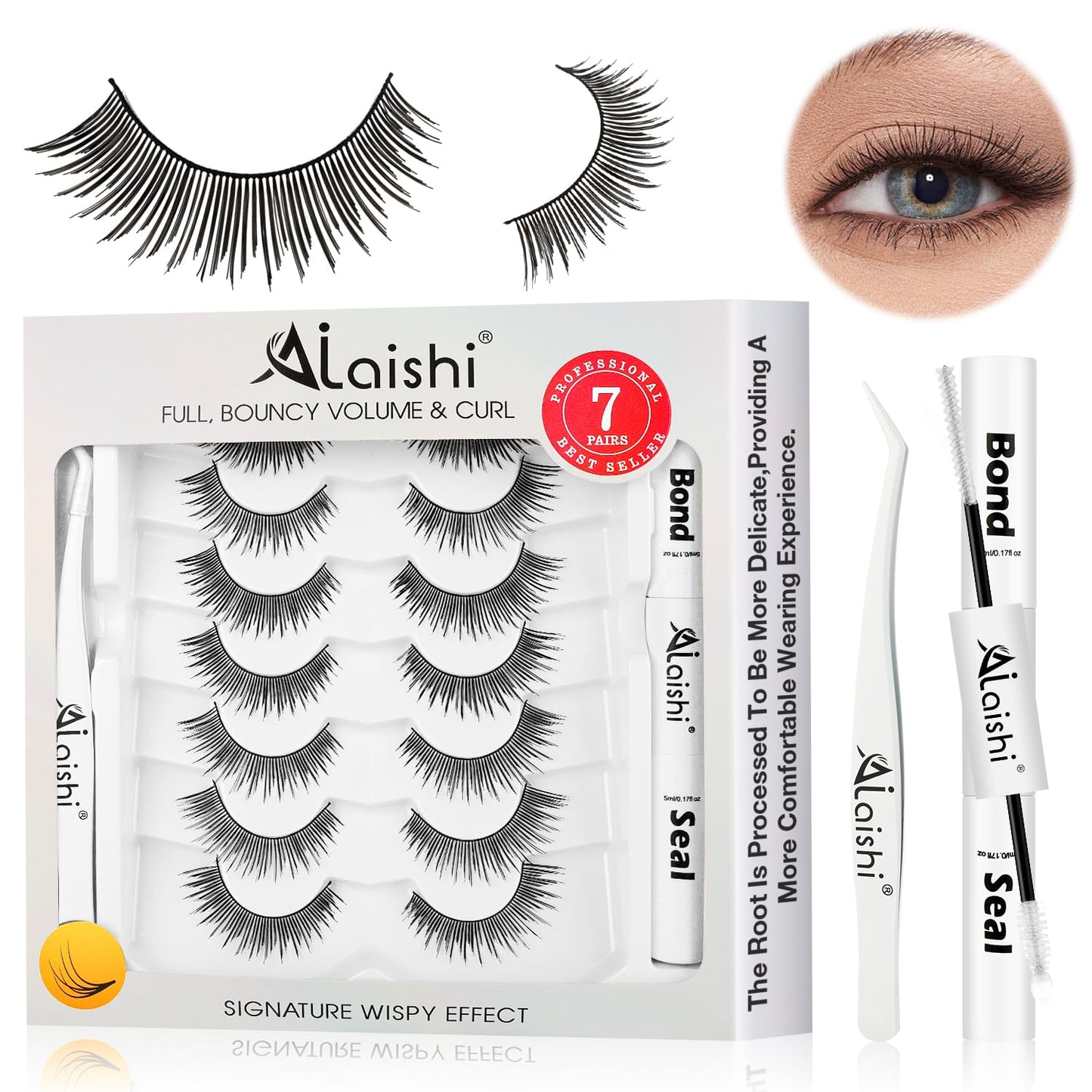 Wispy False Eyelashes Kit With Bond, Seal and Tweezer, 7 Pairs Natural Look Fake Cat Eye Lashes Strips Thin Band Extensions Waterproof Easy Eyelashes for Beginners DF2