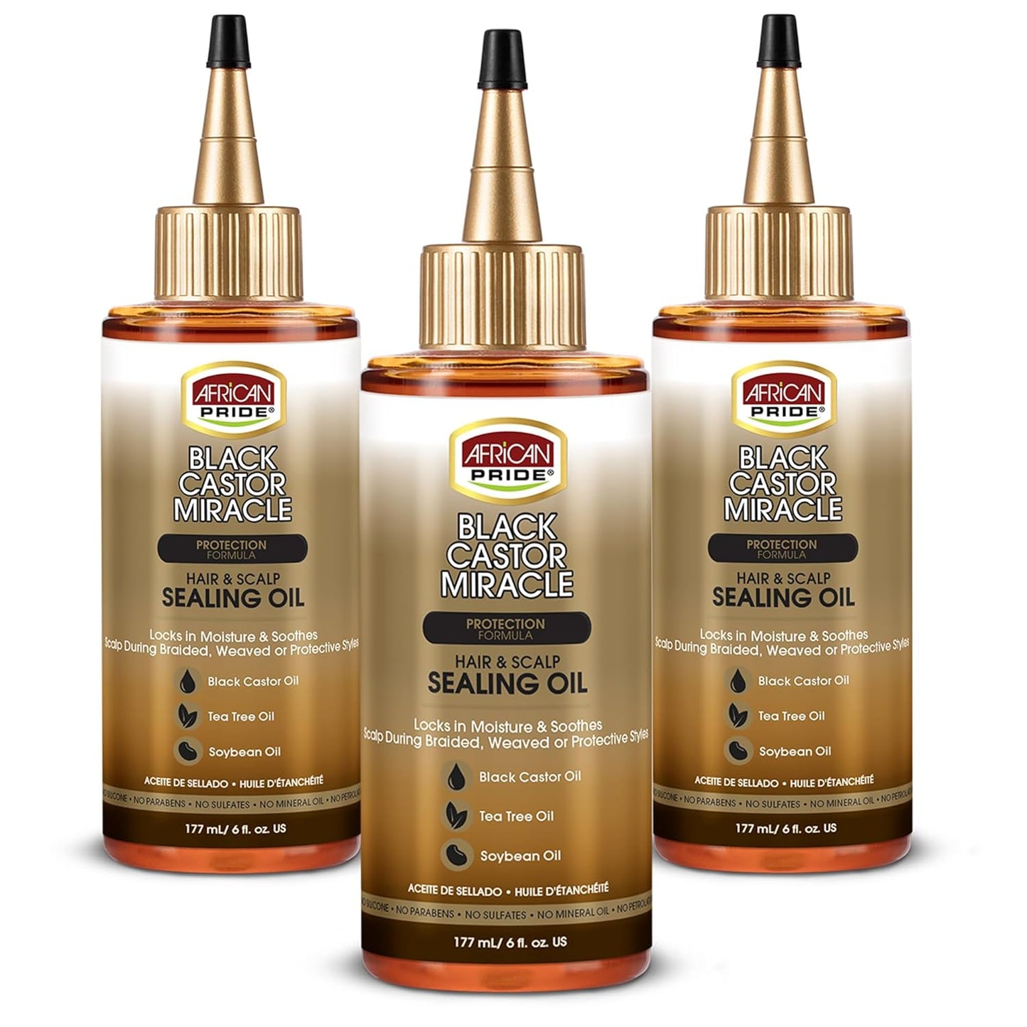 African Pride Black Castor Miracle Hair & Scalp Sealing Oil – Hair Oil with Black Castor, Tea Tree & Soybean Oil for Moisture Lock, Scalp Relief & Growth Support | 6oz (Pack of 3)