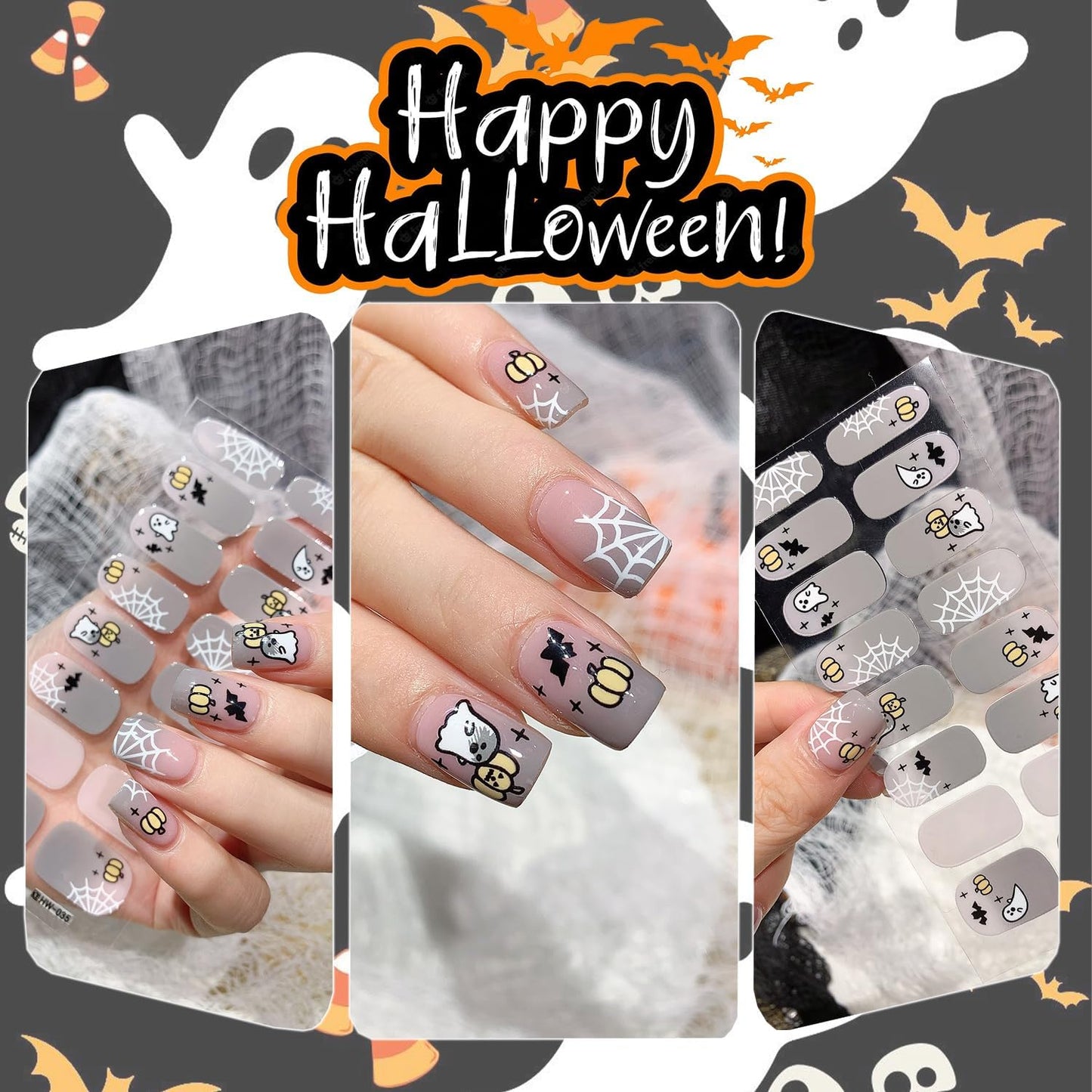 6 Sheets Horror Halloween Gel Nail Wraps Spider Web Flower Ghost Nail Polish Stickers Self-Adhesive Bat Pumpkin Spider Gel Nail Stickers Scary Halloween Holiday Nails Strips for Women