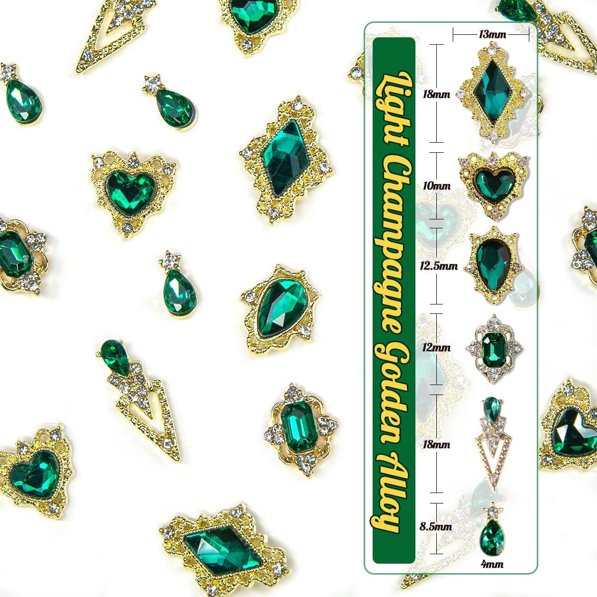 24pcs Green Luxury Nail Charms + 2000pcs Emerald Green Rhinestones 3D Big Gems Glass Crystals Diamonds Jewelry Stones Alloy Art Studs Decor Supplies Heart Charms for Arylic Nails Crafts