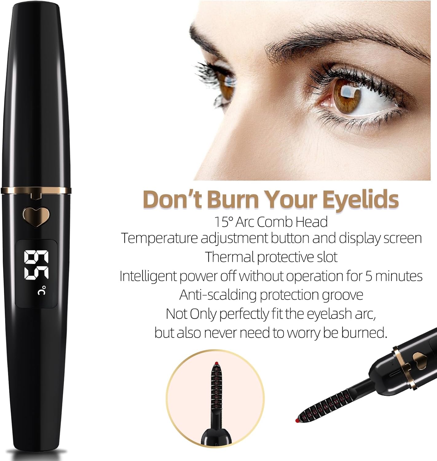 ZAPAL Heated Eyeash Curler, S600 Rechargeable Heated lash Curler, Intelligent Power Off Electric Eyelash Curler Heated Quickly 24 Hs Lasting Natural Makeup for Woman (Jet Black/Gold, X8-132mm)