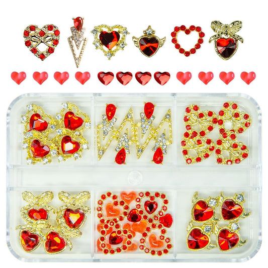 36pcs Red Heart Nail Charms Golden Luxury Alloy Valentine Charms for Nails 3D Red Nail Art Rhinestones Gems Gold Crystal Diamonds Jewelry Stones Studs Charms Supplies for Nails Face Eyes Makeup