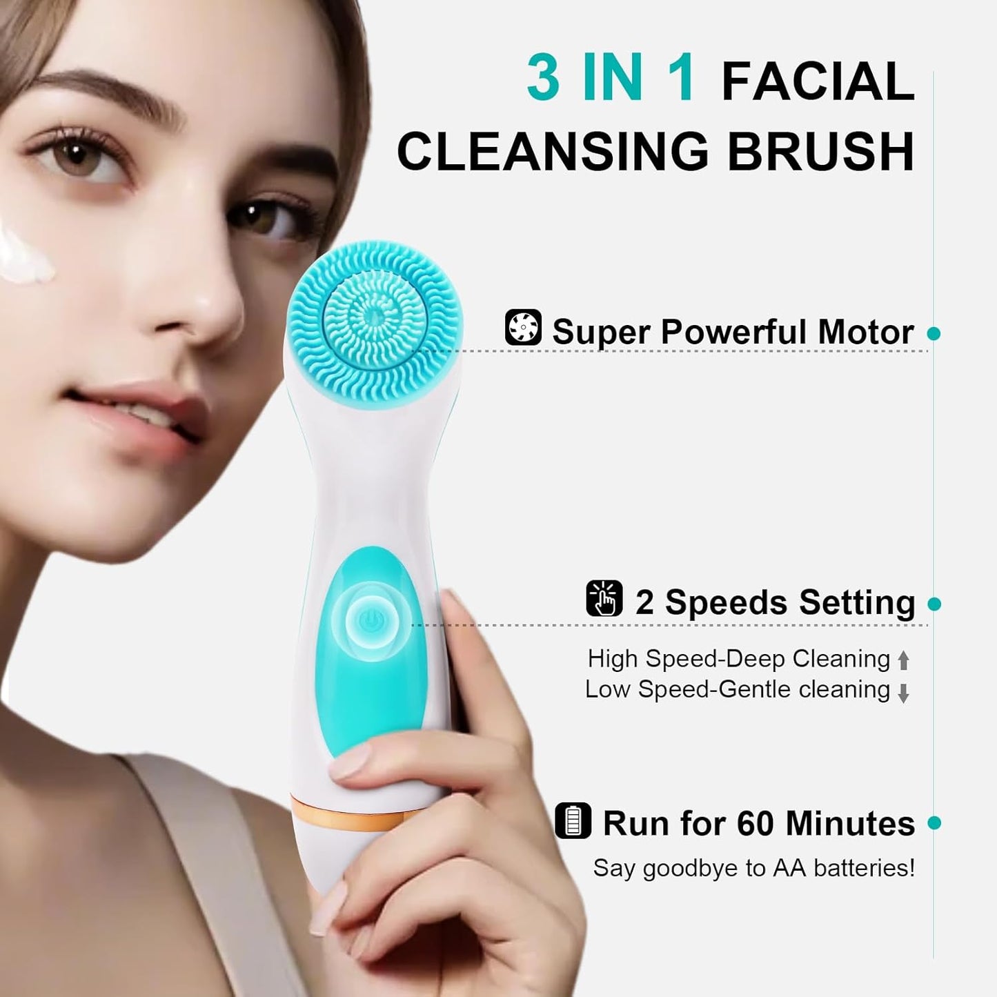 Facial Cleansing Brush, 3 in 1 Electric Face Scrubber with 3 Brush Heads for Women/Men, Waterproof Rechargeable Face Cleansing Brush for Dry Oily Sensitive Skin (Blue)