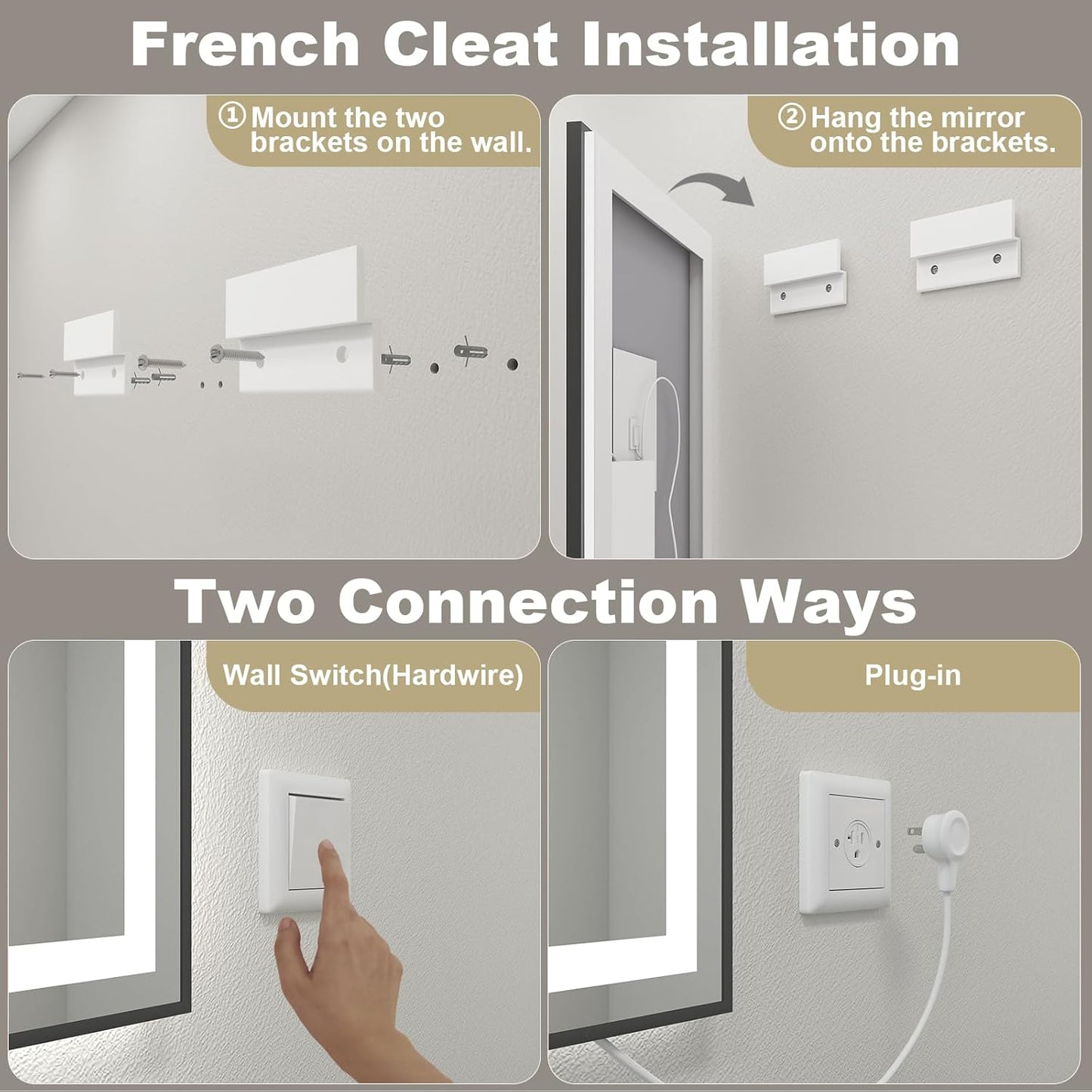 OKPAL 66x40 LED Bathroom Mirror with Lights, Frontlit & Backlit Lighted Bathroom Mirror, Black Lighted Vanity Mirror, Anti-Fog, Dimmable 3 Colors, Shatterproof, Horizontal/Vertical