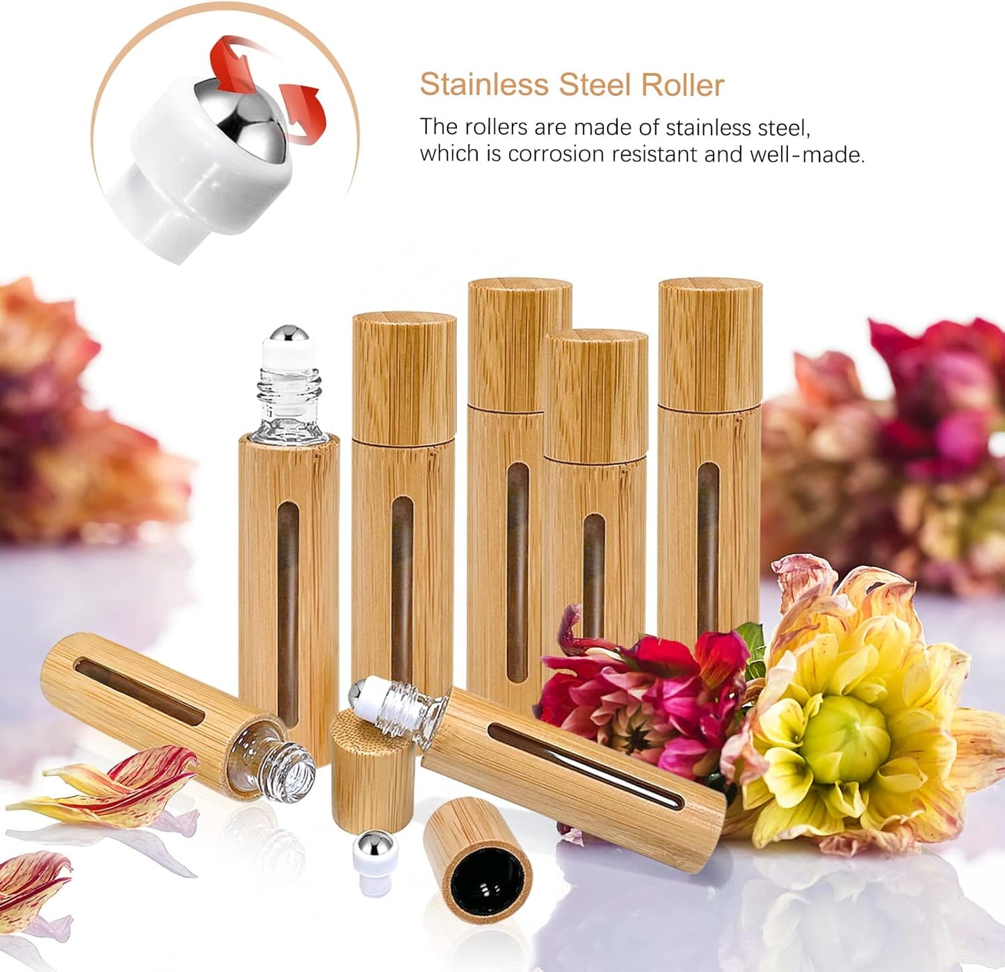 12Pcs 10ml Roller Bottles Balls for Essential Oils, Roll on Bottles with Bamboo Shell Clear Glass Inner, Portable Refillable Perfume Sample Bottle with Stainless Steel Ball