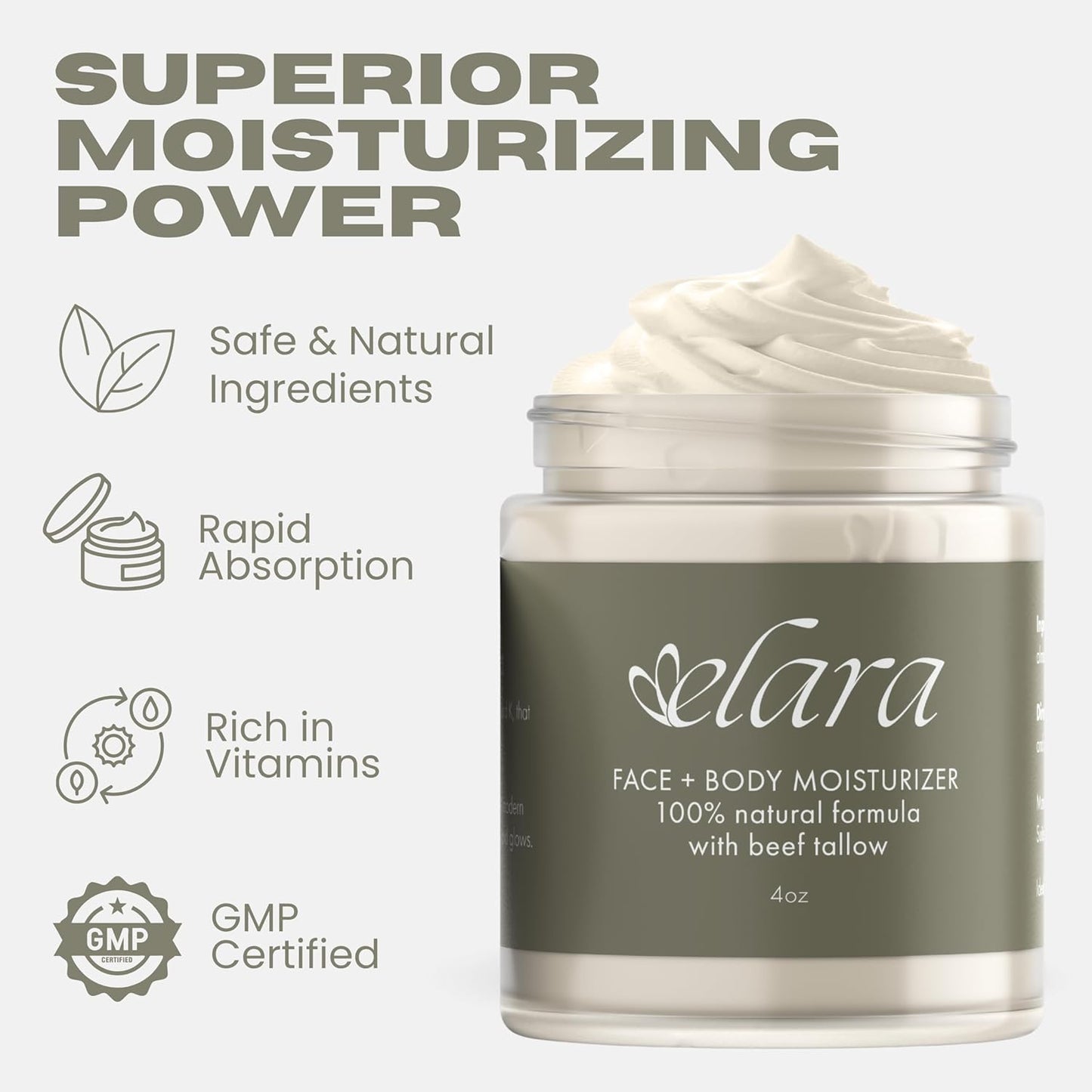 Elara Beef Tallow For Skin - Whipped Tallow Balm For Face And Body - 100% Grass-Fed Tallow Skin Balm With Marula And Sweet Almond Oil - 4 Fl. Oz. - Lavender