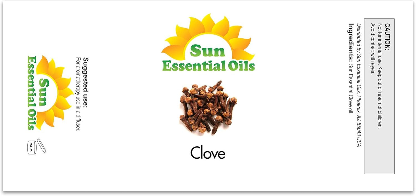 Sun Essential Oils – 4 oz Clove Essential Oil with Dropper for Diffuser, Skin, Aromatherapy Massage, Humidifier, Spicy Scent for Candle, Lotion & Soap Making, Room Fragrance
