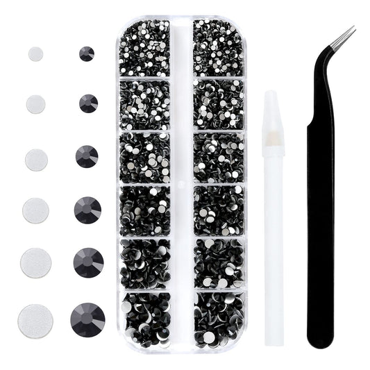 4240Pcs Flatback Black Rhinestones Glass Crystal Gemstones for Nail Art Eye Jewels Makeup Round with Tweezers and Picking Pen (SS6~SS20 Set)