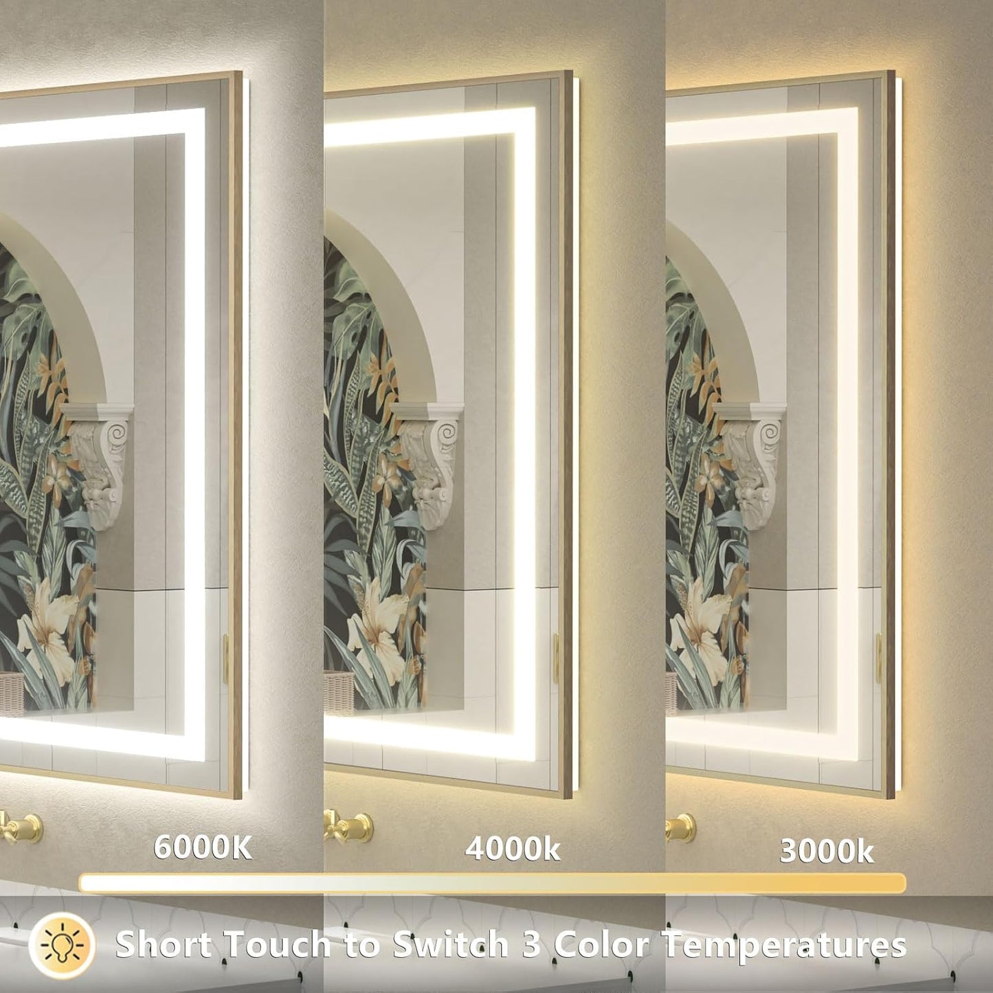 OKPAL 50x30 Gold LED Bathroom Mirror with Lights, Frontlit & Backlit Lighted Bathroom Mirror, LED Vanity Framed Mirror, Anti-Fog, Dimmable, 3 Colors, Shatterproof, ETL Listed