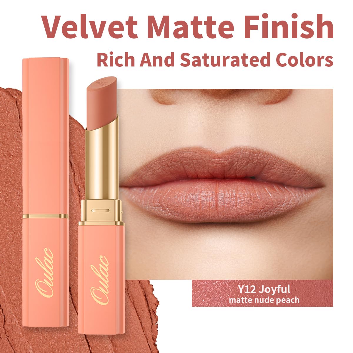 Oulac Nude Matte Lipstick for Women, Lipstick & Blush Duo, Peach Creamy Soft Satin Finish Lipsticks,Moisturising Formula,Rich Color Lightweight, Rose Oil,Vegan & Cruelty-Free| 3.6g (Y12