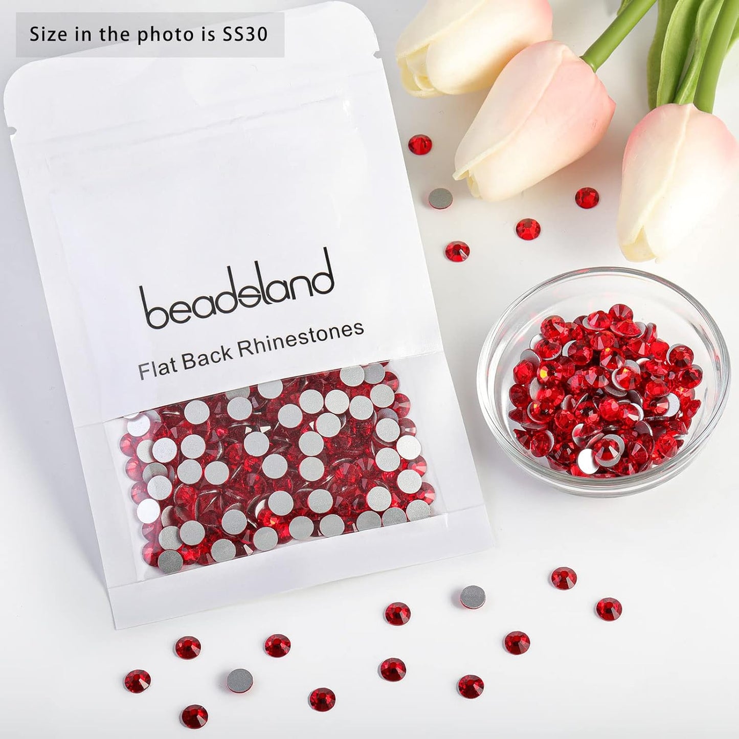 beadsland 288 Piece Flat Back Crystal Rhinestones Round Gems, 1.3mm-8.6mm, Light Siam (SS30(6.3-6.5mm))