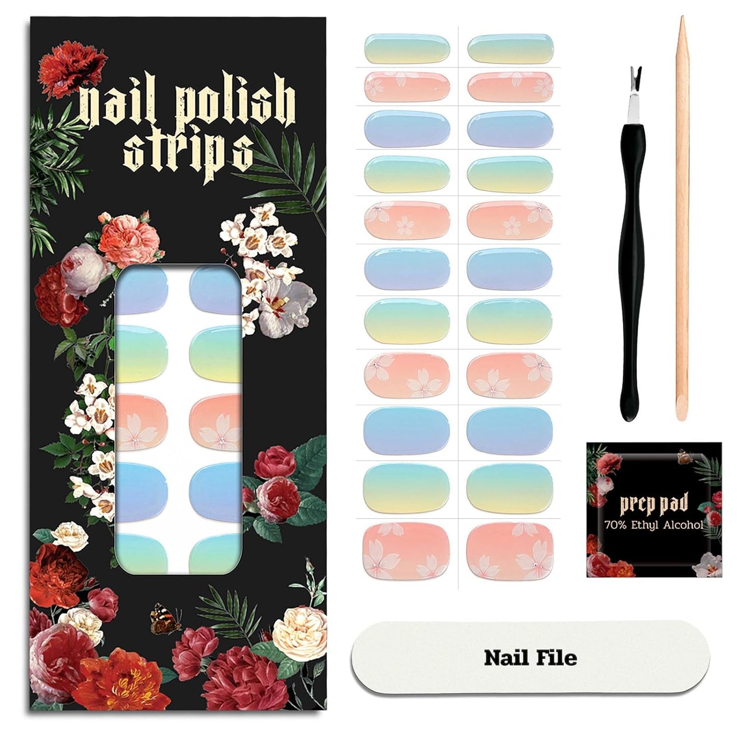 Nail Polish Strips - 22 Pcs Salon Quality Gel Nail Stickers - Long Lasting Wraps (Blue Orange Gilt Shine)