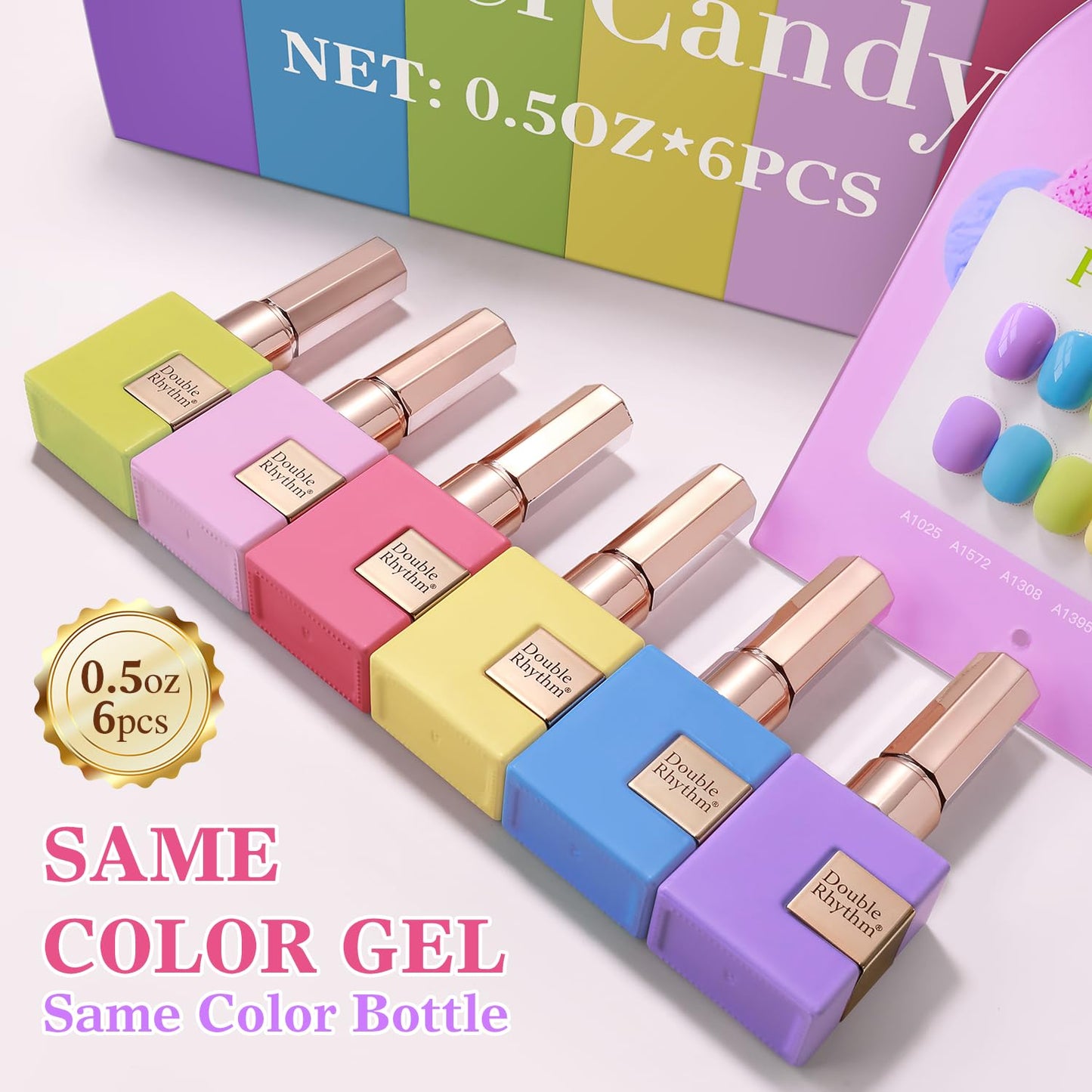 Double Rhythm 6 Pcs 15 ML Gel Polish Set Same Color Same Bottle Soak Off Gel Polish Kit Nail Art Manicure Salon DIY at Home for Women (Purple Blue Green Yellow Pink Peach-T6-10)