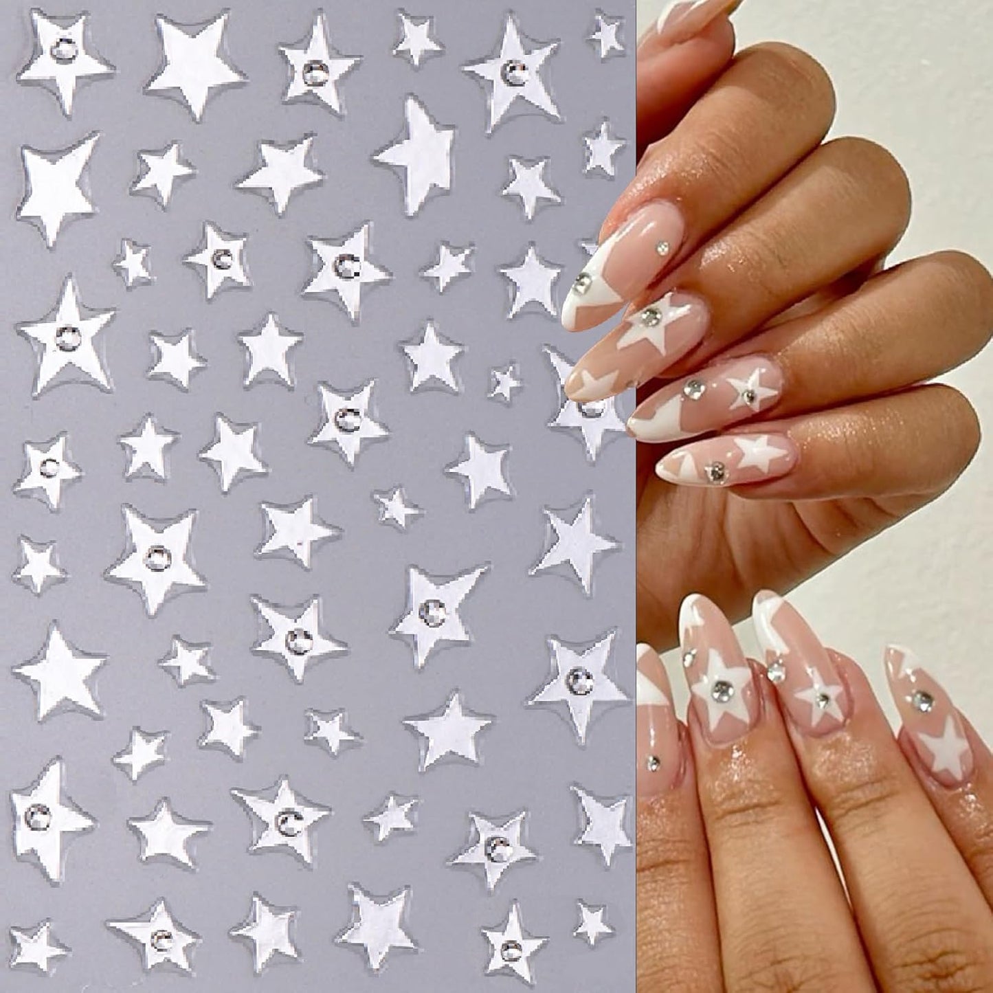 6 Sheets Star Nail Stickers with Rhinestones White Five-Pointed Star Gold Silver Black Starburst Design for Women Girls Nail Art Decoration