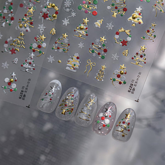 Christmas Nail Art Stickers 5D Embossed Christmas Tree with Colored Lights Designs Nail Stickers Wreath Bowknot Snowflake Nail Decals for Women Girls Winter Holiday Manicure DIY Nail Supplies 1 Sheet