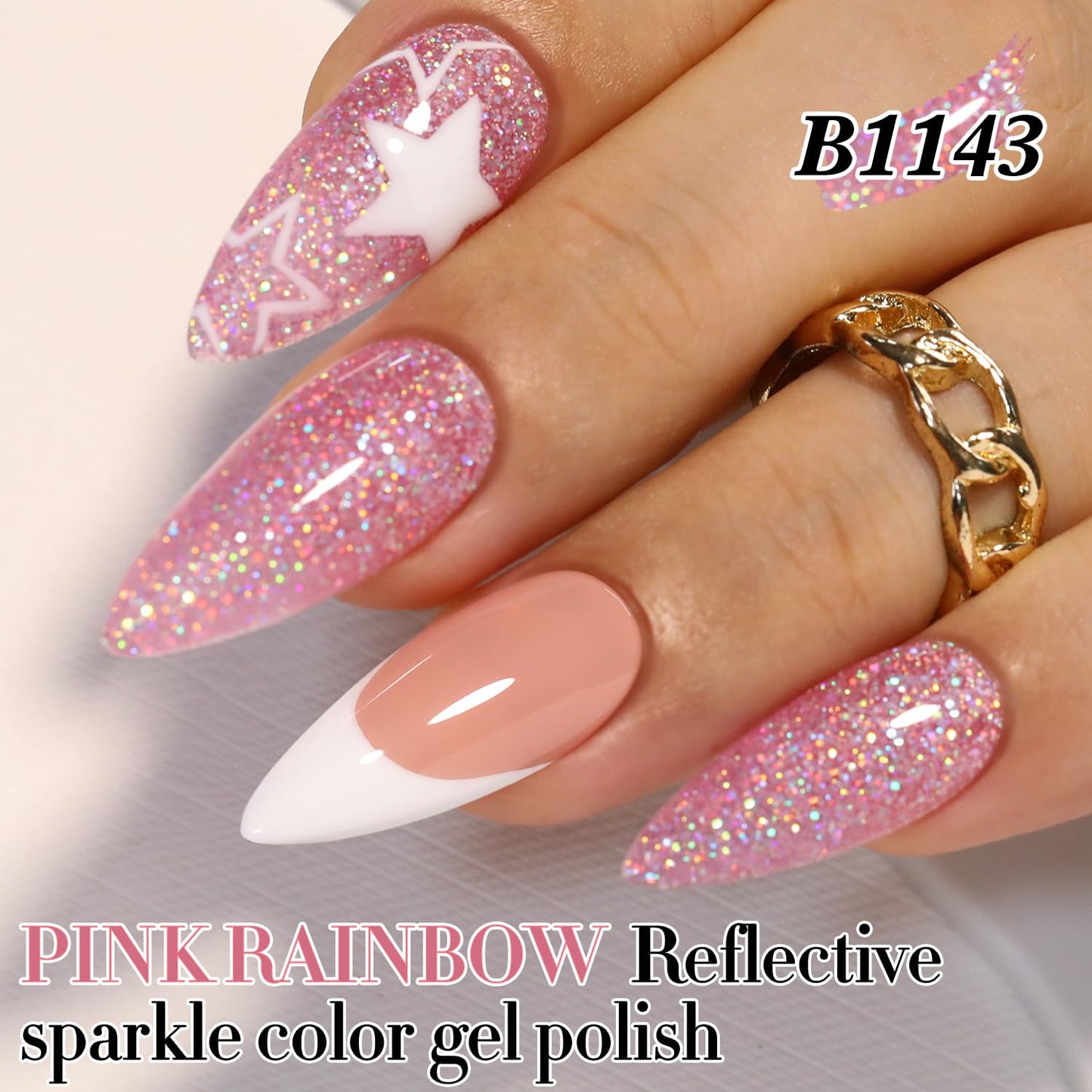 Double Rhythm Gel Polish 15ML Glitter Shimmer Reflective Holographic Color Magnetic for Nail Art Salon DIY at Home (Rose Pink-B1143)