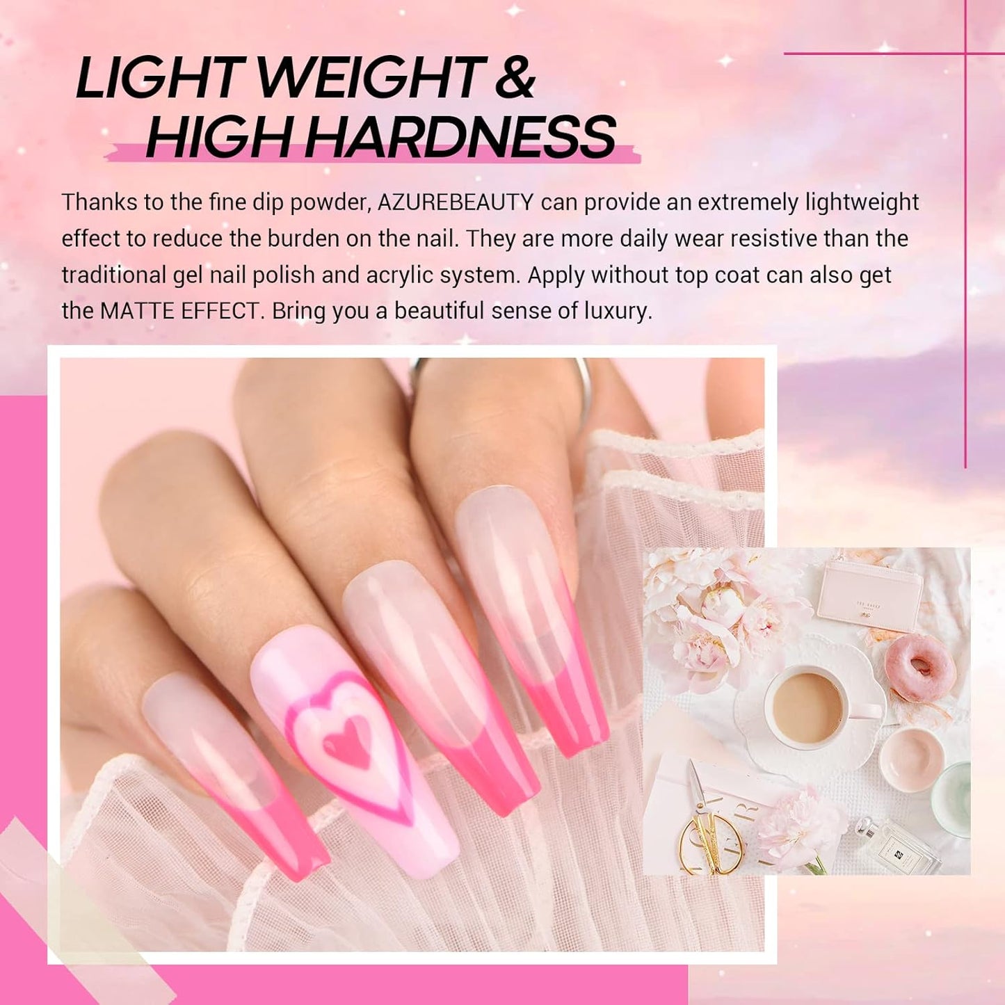 AZUREBEAUTY Pink Dip Powder Nail Set, 6 Colors Light Hot Pink Cherry Blossom Shades Dipping Powder Starter Kit, French Nail Art Manicure, No Need Nail Lamp Cured DIY Salon