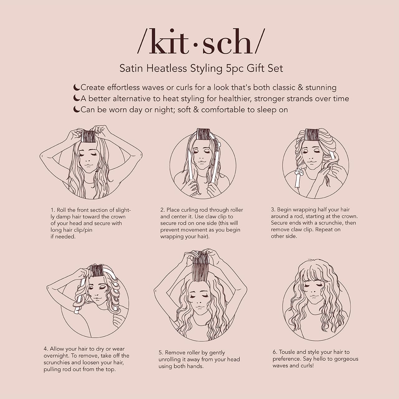 Kitsch Satin Heatless Hair Curler Styling 5pc Gift Set - Satin Heatless Hair Curler w/ 2 Scrunchies, Ceramic Thermal Roller & Claw Clip, Gifts for Women, Hair Roller Styling & Accessories- Champagne