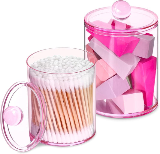 2 Pack Qtip Holder,Canister Apothecary Jar Set, Bathroom Jars with Lids Set for Cotton Swabs, Balls, Pads, Floss Picks,10oz-12oz Plastic Canisters Restroom Bedroom Vanity Organizer(Pink)