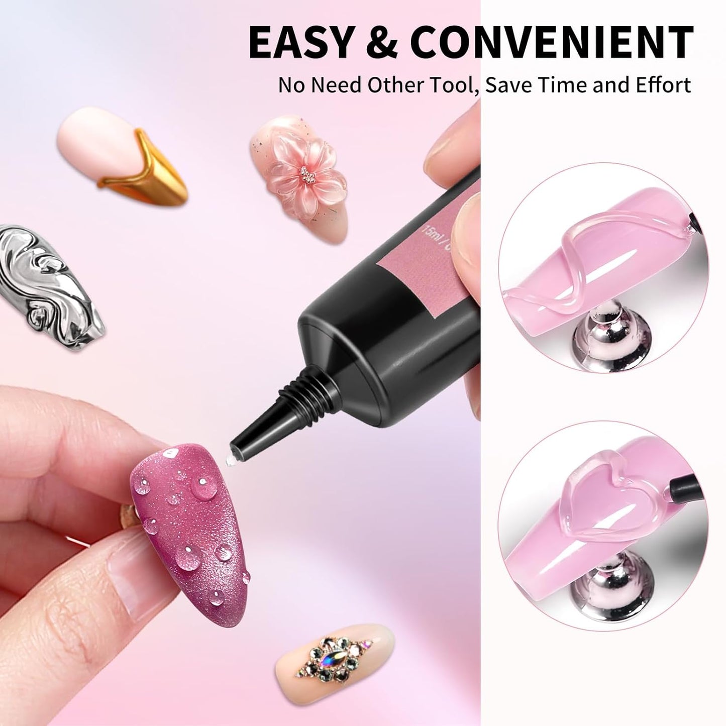 3D Nail Gel and Chrome Nail Powder Kit, 3 in 1 No Wipe Clear 3D Sculpting Gel for Nail Art Carving Molding Rhinestone Glue 15g, Gold Silver Metallic Mirror Nail Chrome Powder Glitter for Manicure