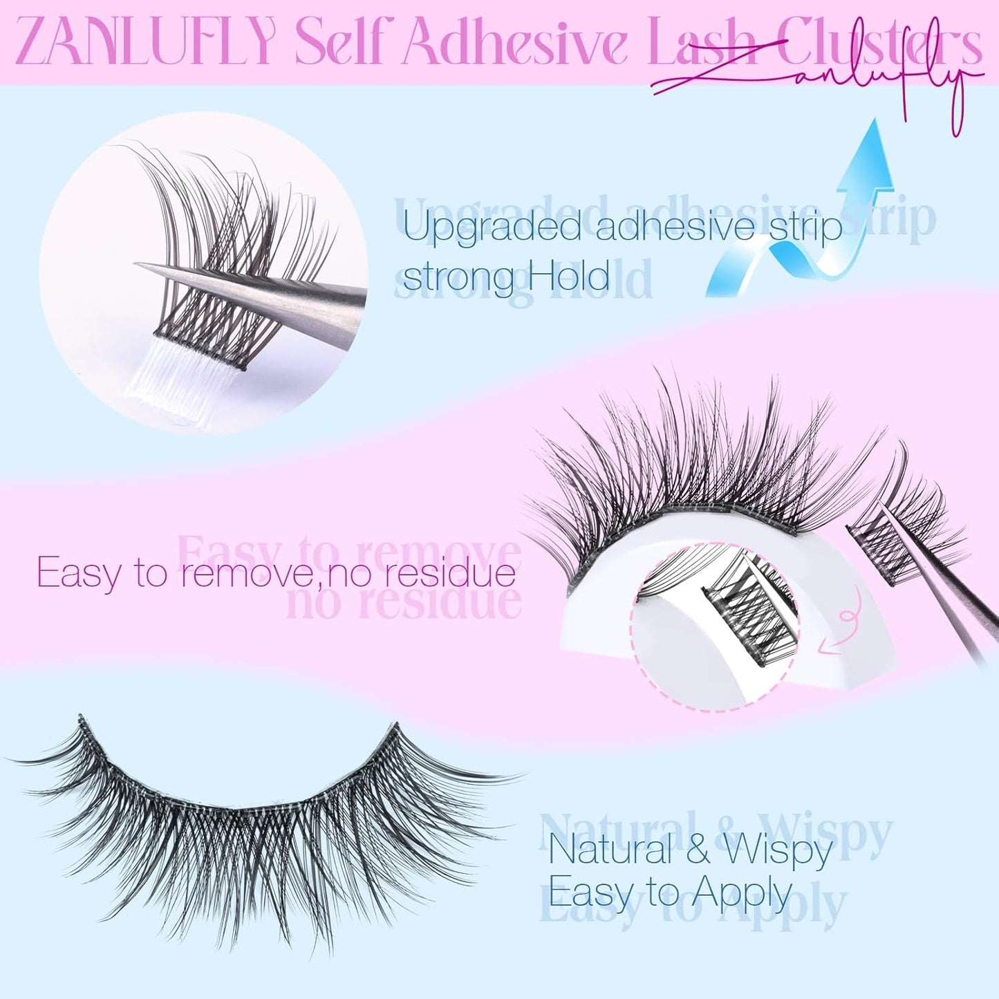 Self Adhesive Eyelashes Natural Self Adhesive Lash Clusters Pre glued Eyelash Clusters zanlufly No Glue Needed Lashes Wispy C-curly Cluster Eyelash extensions 10-16MM Individual Lashes