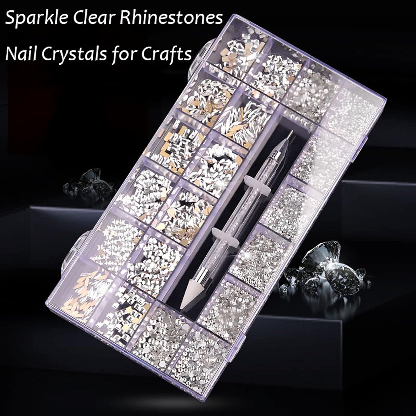 Nail Rhinestones Kit, Nail Art Decorations with Wax Pencil Flat AB Rhinestones Kit DIY Crafts Gemstones for Nail, Shoes, Clothes, Jewels (600 Powder diamonds + 2500 flat rhinestone)