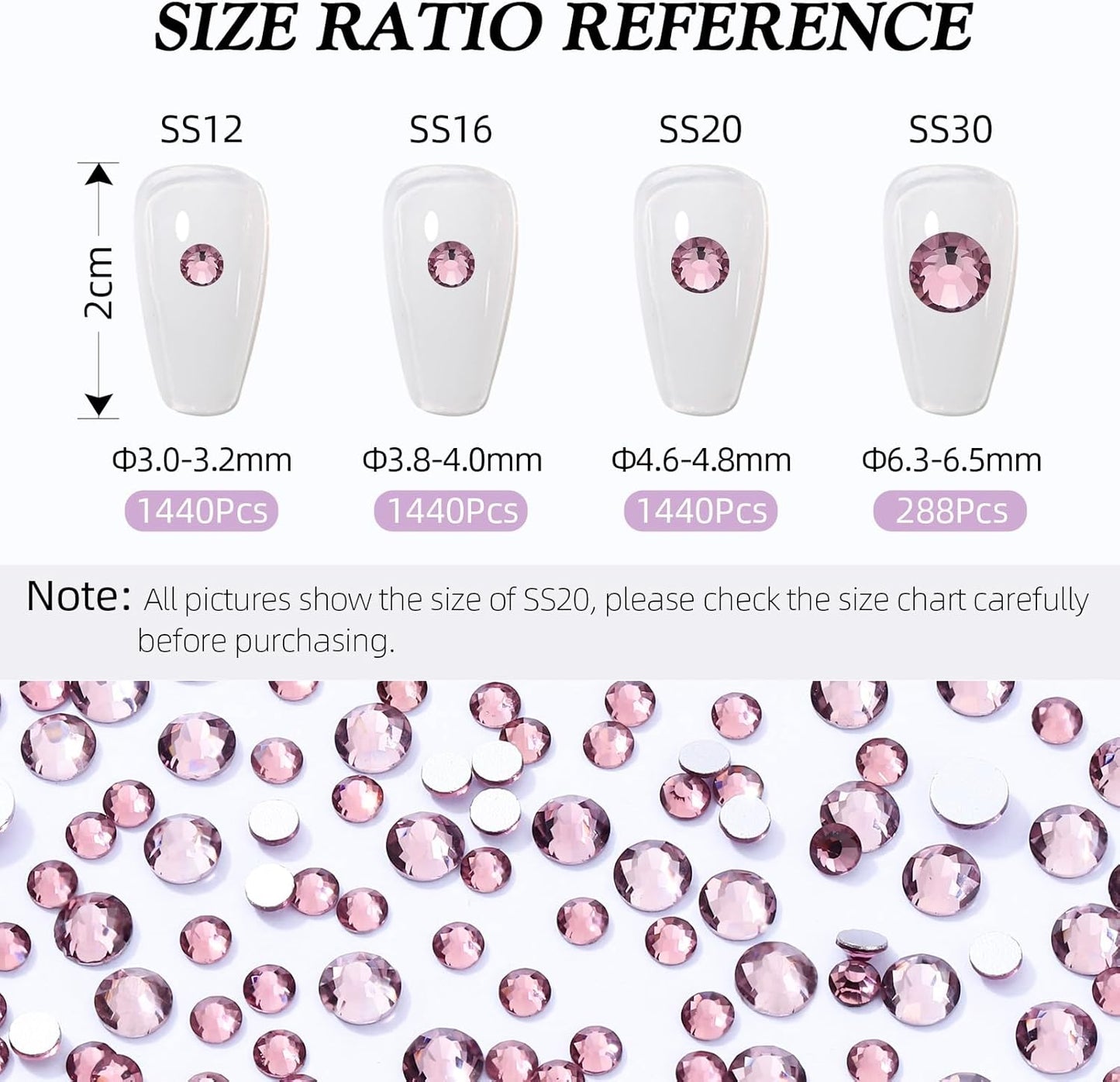Light Amethyst Flatback Rhinestones, Glass Rhinestones for Nail Art and Craft, Glue Fix, Loose Crystal Gemstones(Lt.Amethyst, SS12, 1440pcs, 2.9-3.0mm)