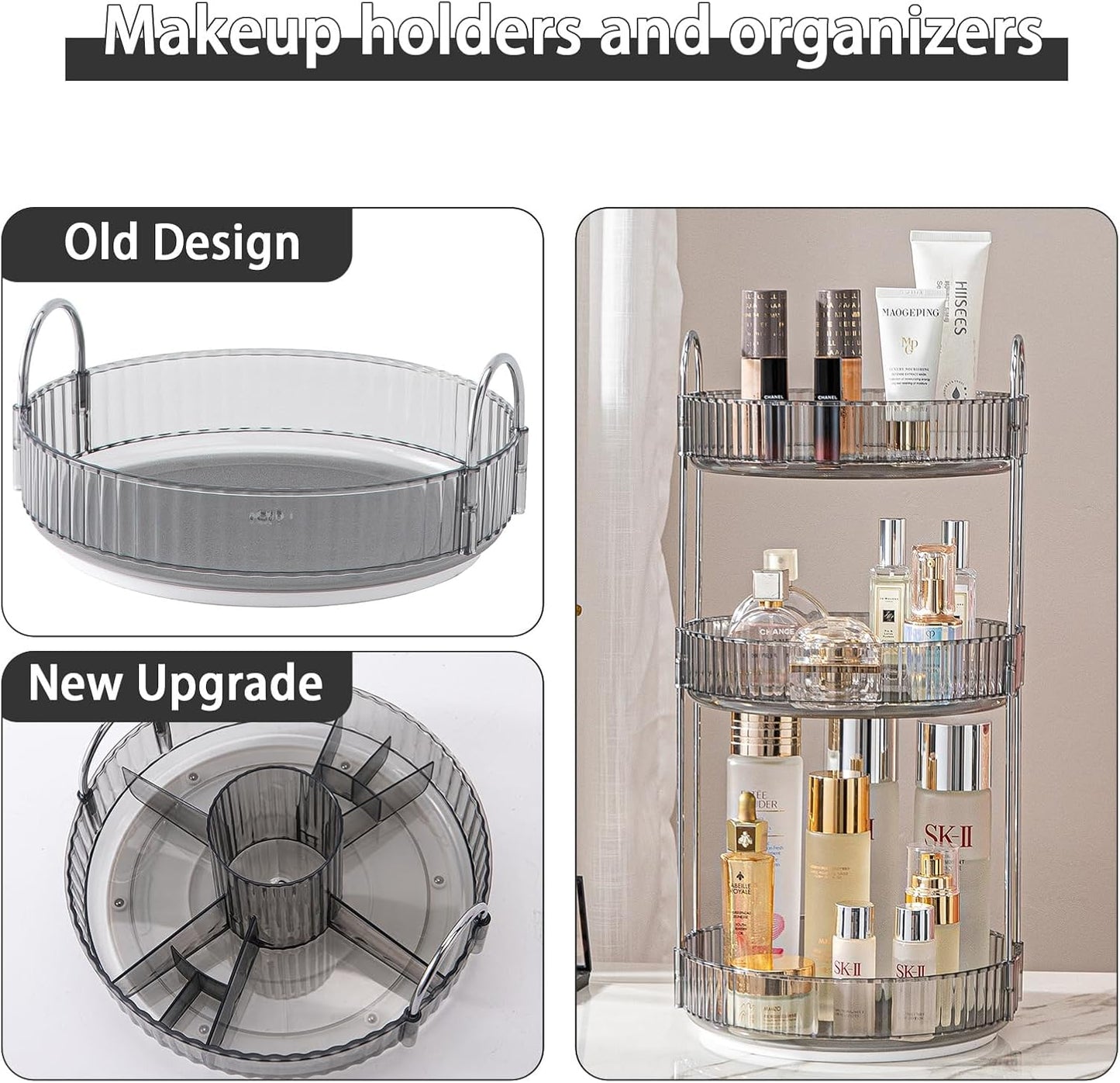 Rotating Makeup Organizer for Vanity, High-Capacity Skincare Clear Make Up Storage Perfume Organizers Cosmetic Dresser Organizer Countertop 360 Spinning (Gray, New-3 Tier)