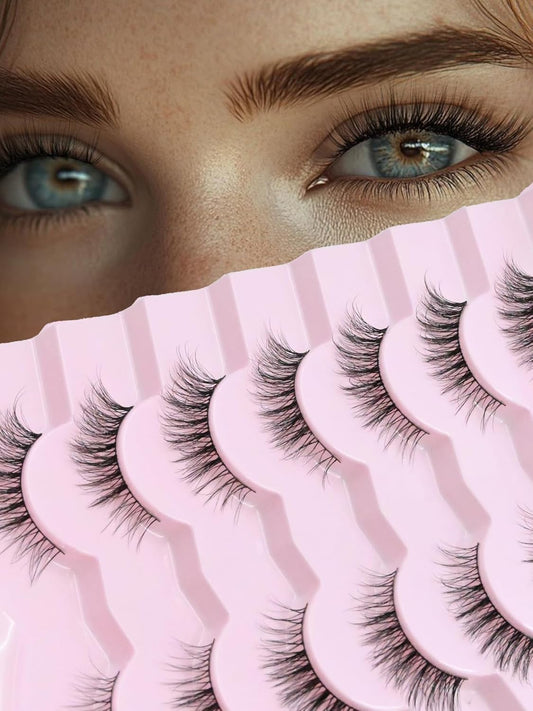 Eyelashes Natural Cat Eye Lashes 13mm Wispy Lashes False Eye Lashes with Thin Cotton Band C Curl Fake Eyelashes 3D Volume Lash Pack 7 Pair Siligli