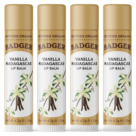 Badger Vanilla Madagascar Classic Lip Balm, 100% Organic Lip Balm, Long Lasting Lip Care w/Light Silky Texture, Comforting & Relaxing, 4 Pack