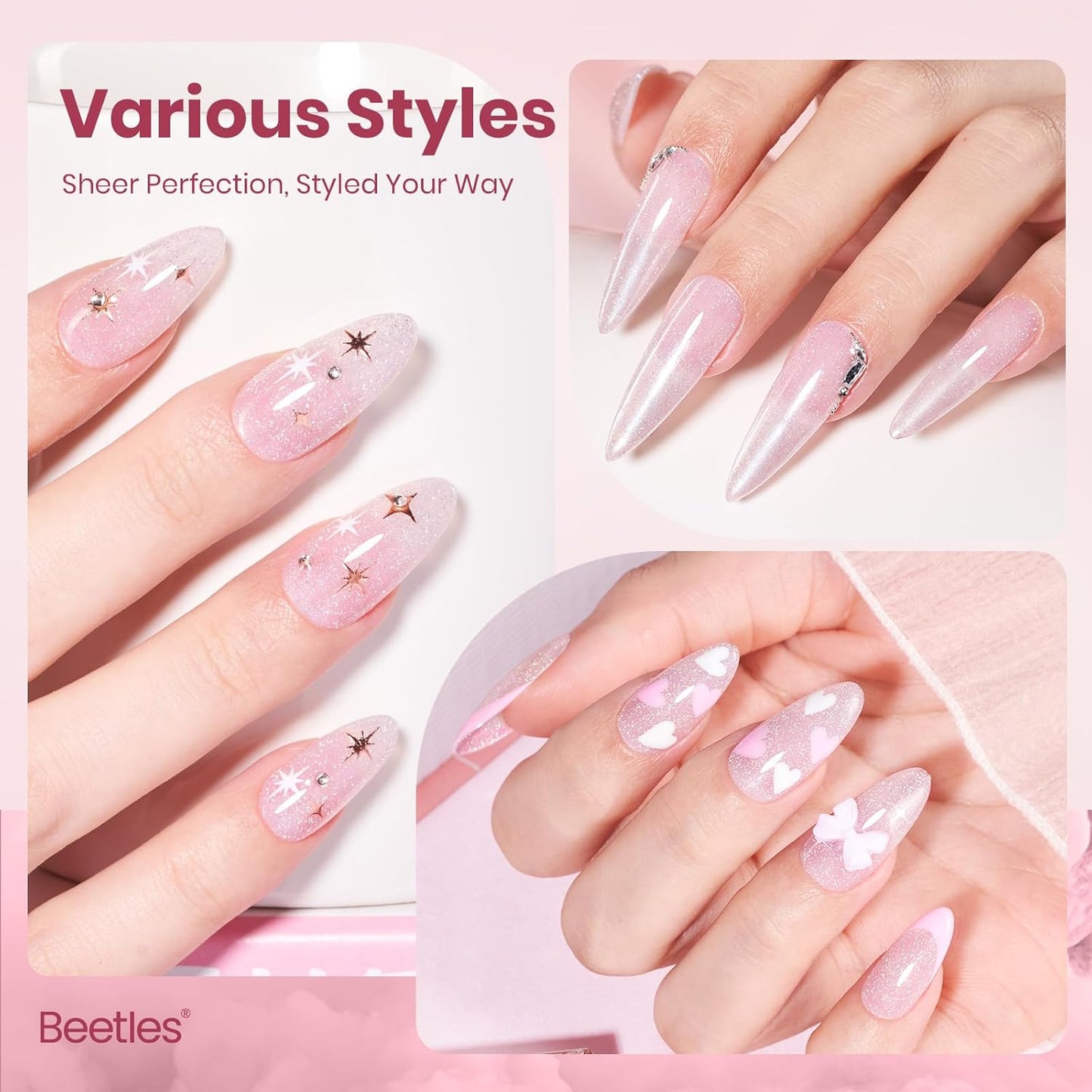 Beetles Glitter Pink Gel Nail Polish - 15ML Soft Glow Fragments Pink Nude Natural Glitter Gel Polish Soak Off UV French Nail Art Salon DIY Manicure Colorful Bottle Gift for Women