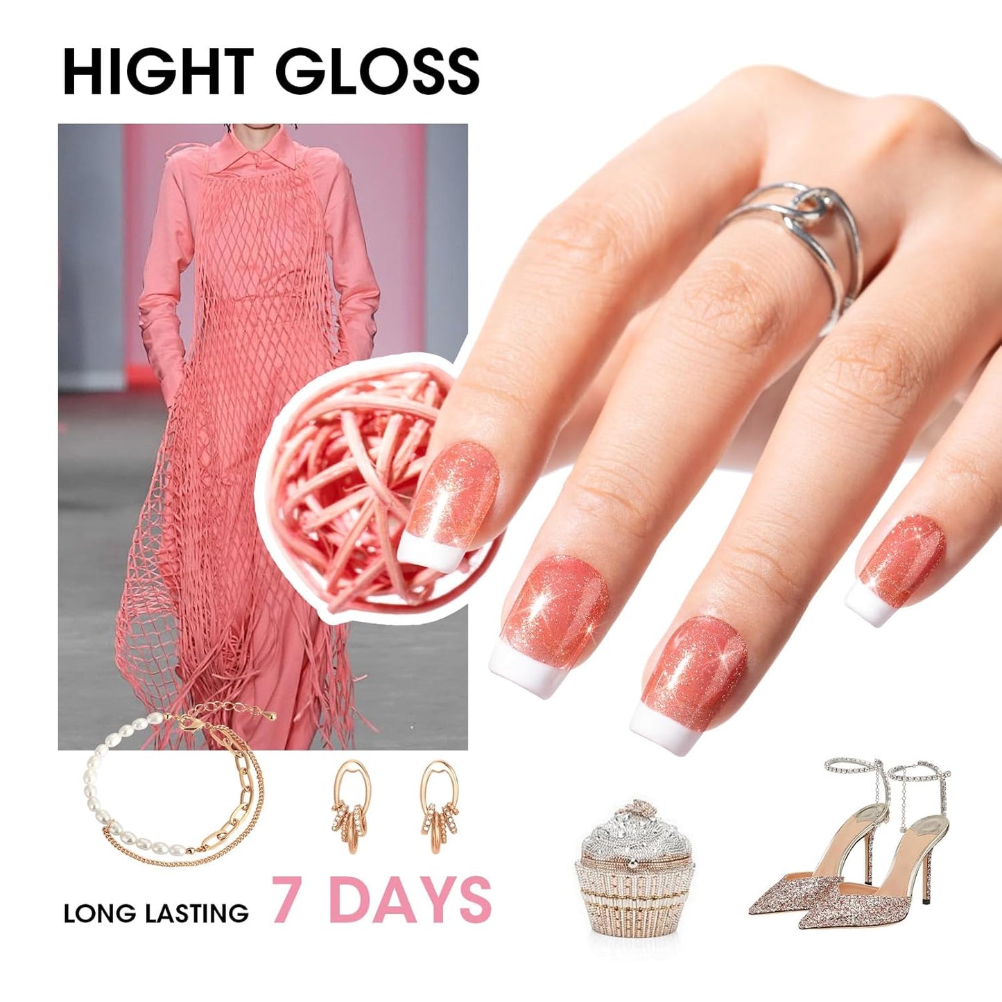 GELLEN Sheer Shimmer Pink Nail Polish & Clear Base Top Coat Nail Polish, Light Pink Shimmer Nail Polishes Summer Spring Translucent 6pcs Set, Quick Dry Regular Nail Polishes Non UV Gel, Hema Free