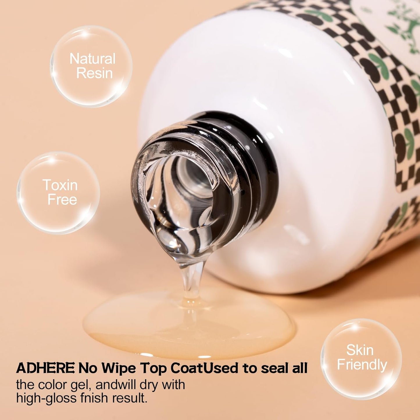 ADHERE Gel Top Coat- 15ML/0.5fl oz Top Coat Gel Nail Polish， Glossy Shine Finish and Long Lasting, Soak Off Nail Lamp Gel,for Home DIY and Nail Salon