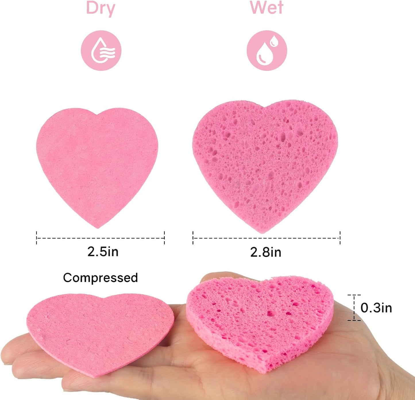 50-Count Heart Shape Compressed Facial Sponges,100% Natural Cellulose Face Sponge Spa Sponges for Removing Dead Skin, Dirt and Makeup(Pink)