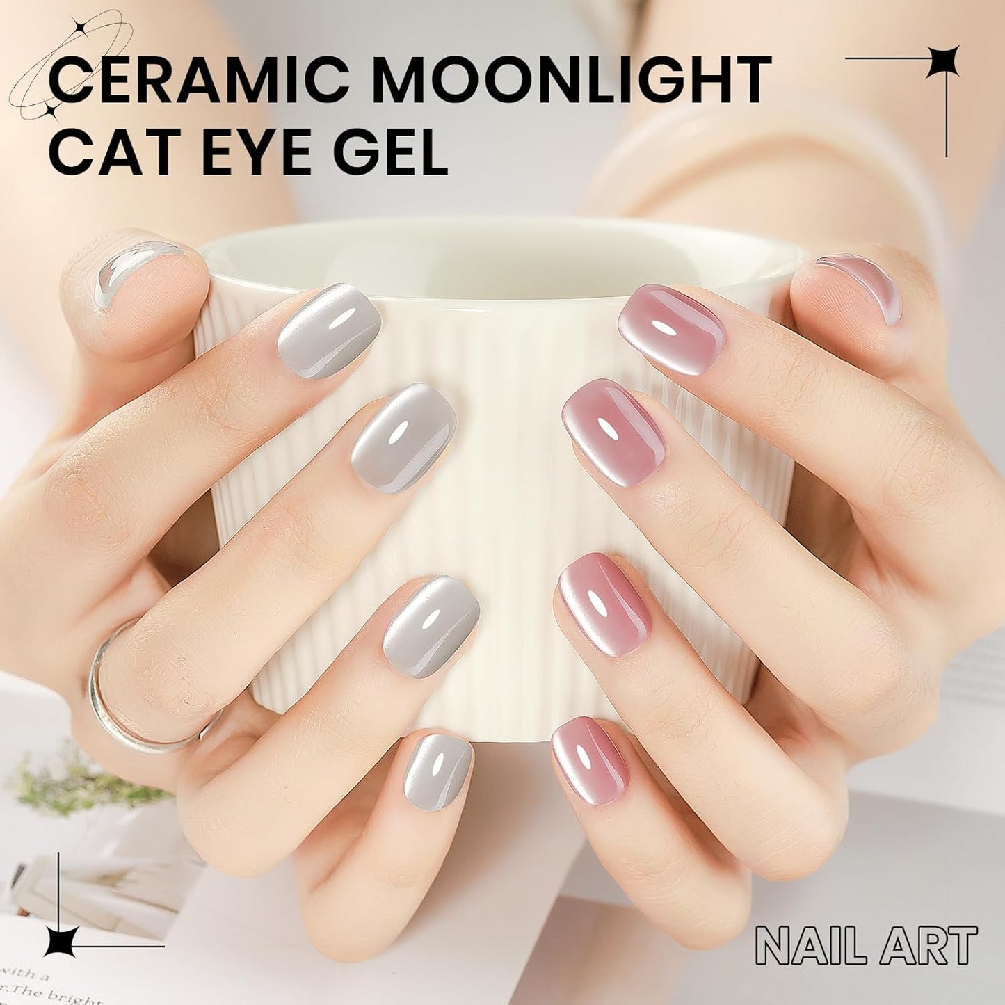 2PCS 15ML Cat Eye Gel Nail Polish,Sliver Pink Glass Cat Eye Gel Polish Clear Glassy Shimmer Glitter Effect with Magnetic Stick Soak Off Salon DIY at Home