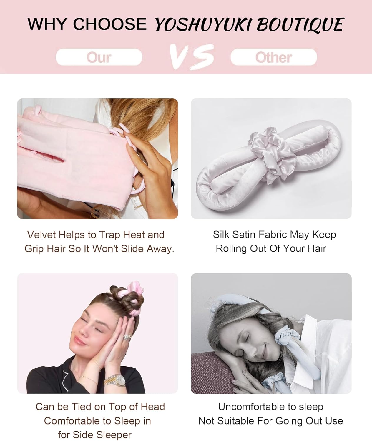 Heatless Hair Curler Curls Overnight Rods No Heat Hair Curlers to Sleep in, Soft Heatless Curling Ribbon Set with Clip Hair Rollers for Blowout Look Long Short Hair, Sonic Pink