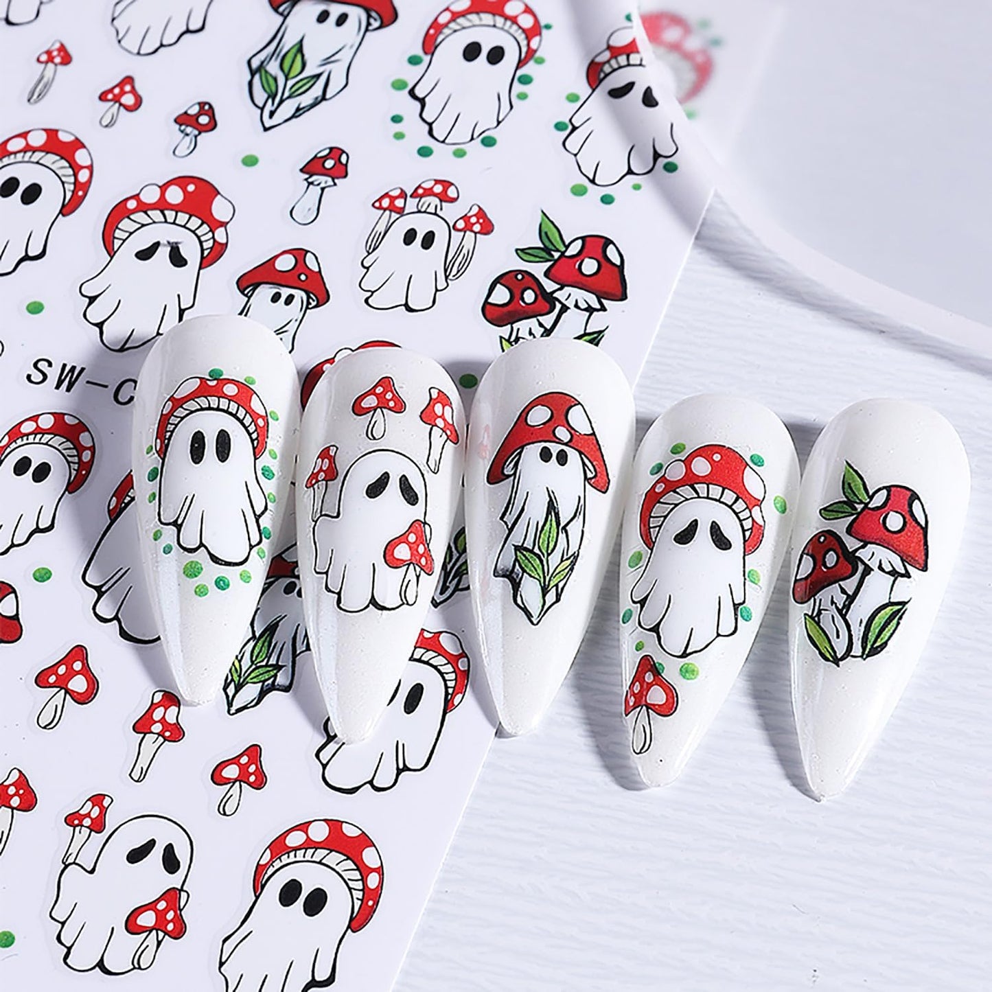 Halloween Mushroom Nail Stickers, 3D Self-Adhesive Cute Halloween Nail Decals Ghost Mushroom Nail Design Stickers Holiday Nail Decorations Nail Art for Women DIY Manicure Accessories 4PCS