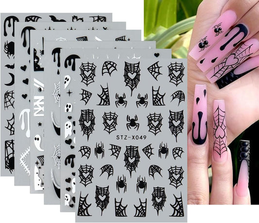 6 Sheets Halloween Nail Art Stickers Cute Ghost Nail Decals Black White Spider Web Bat Stars Moon Design Gothic Nail Art Supplies for Holiday Acrylic DIY Nail Decoration