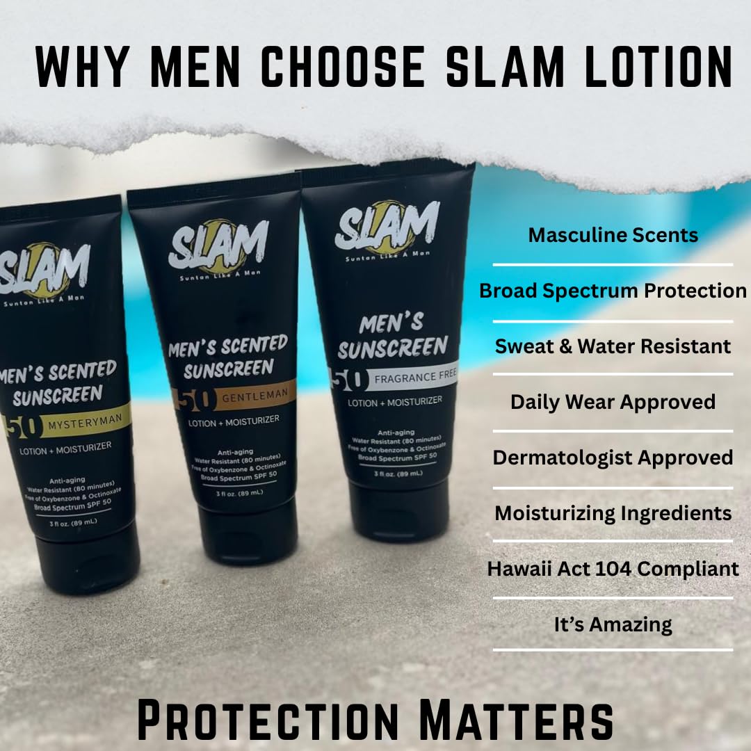SLAM Men's Sunscreen Lotion SPF 50 & Moisturizer – Face & Body Sunblock, Anti-Aging, Water-Resistant, Hawaii Act 104 Safe, Skincare for Men, Scented & Unscented – 3 fl oz. each- Trio pack.