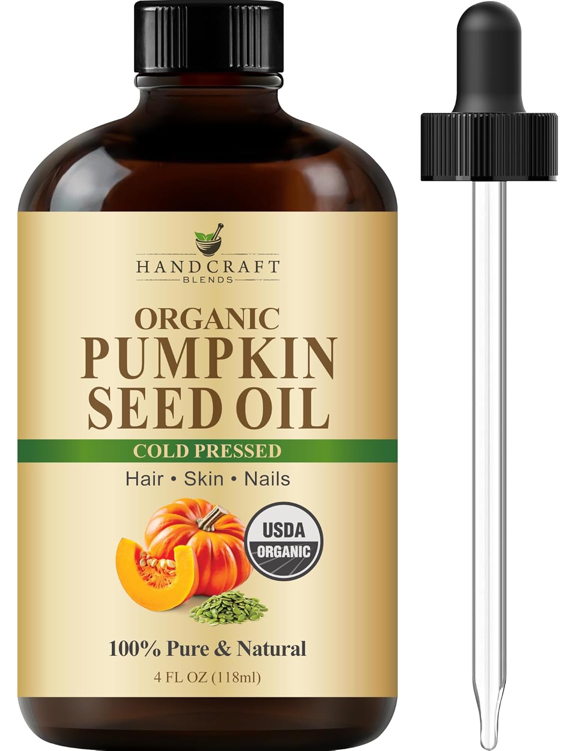 Handcraft Blends Cold-Pressed Organic Pumpkin Seed Oil in Glass Bottle - 4 Fl Oz - 100% Pure and Natural - Premium Grade Carrier Oil for Hair, Skin, Nails, and Body - Massage - Aromatherapy
