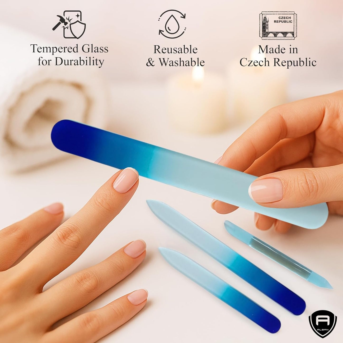 Alban Czech Glass Nail File Set with Manicure Stick & Vegan Leather Cosmetic Case (Royal Blue Nail Files, Light Blue Manicure Stick & Cosmetic Case)